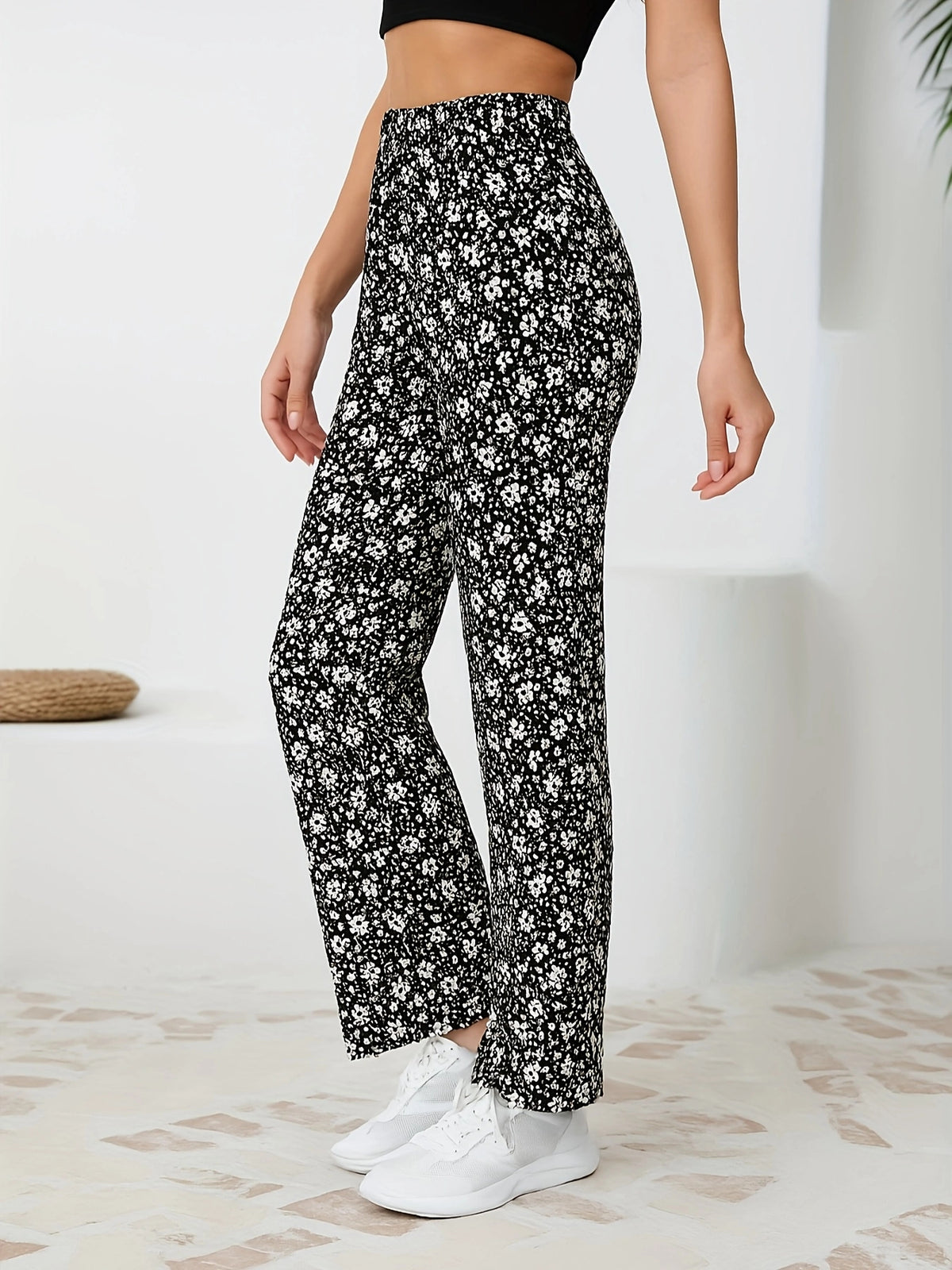 Floral Straight-Leg Pants – High-Waisted Flowy Wide-Leg Pants