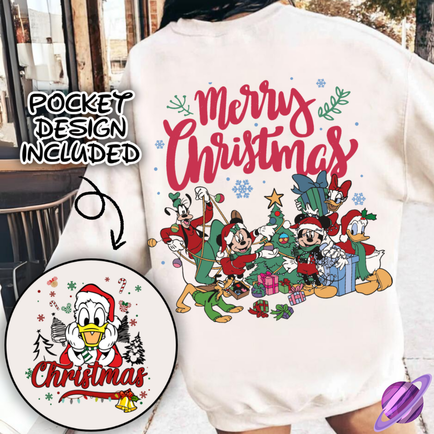 FESTIVE VINTAGE FRIENDS SWEATSHIRT W/ POCKET PRINT