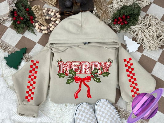 RED MERRY HOODIE W/ SLEEVE DESIGN