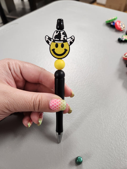 Yellow Cowboy Smiley Silicone Beaded Pen or Keychain