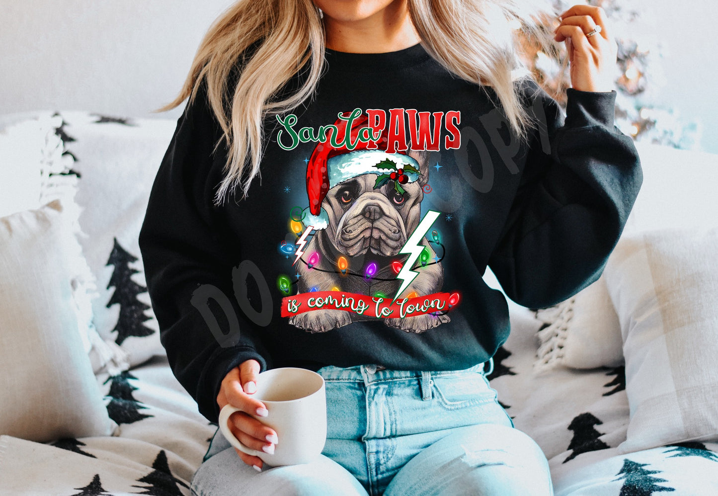 SANTA PAWS 2-BULLDOG- CREWNECK SWEATSHIRT