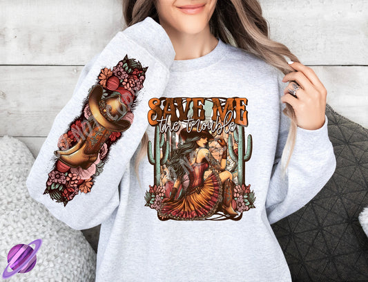 SAVE ME THE TROUBLE W/ SLEEVE PRINT CREWNECK SWEATSHIRT