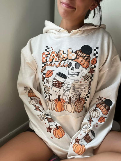 FALL JUNKIE SKELE - FRONT & DOUBLE SLEEVE DESIGN CREWNECK HOODIE