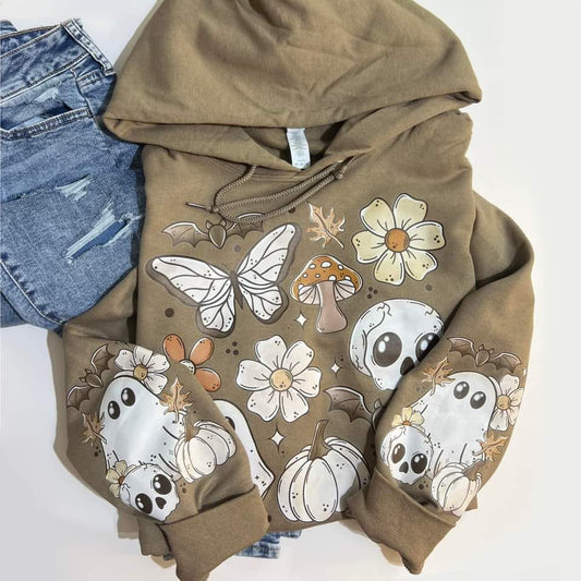 KHAKI FALL GHOST FLORAL- FRONT & DOUBLE SLEEVE DESIGN HOODIE