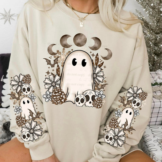 SKULL GHOST MOON PHASES SWEATSHIRT W/ SLEEVE PRINT