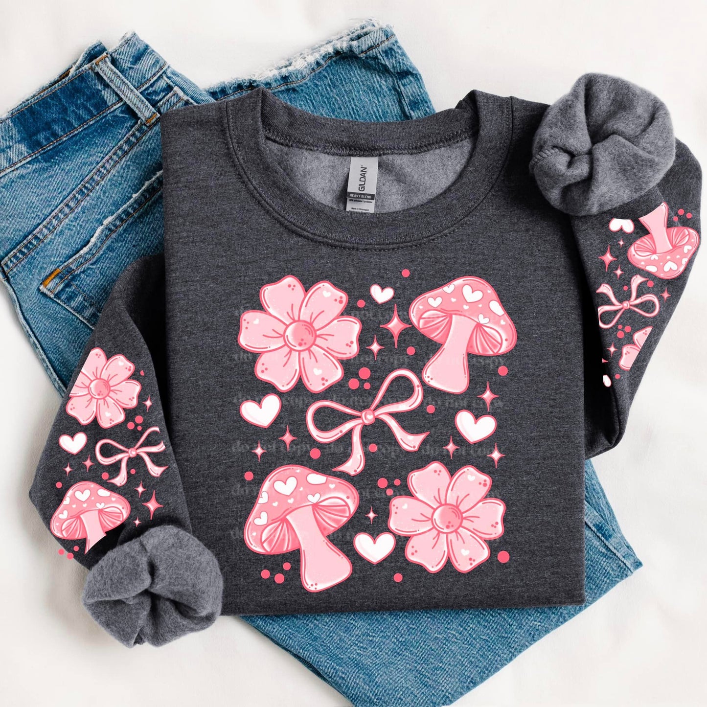 PINK FLORAL MUSHROOMS SWEATSHIRT W/ SLEEVE PRINT