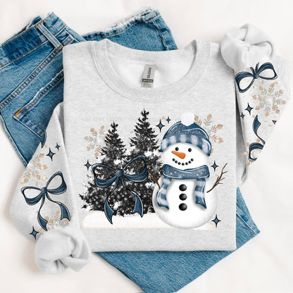 SNOWMAN BOWS SWEATSHIRT W/ SLEEVE PRINT