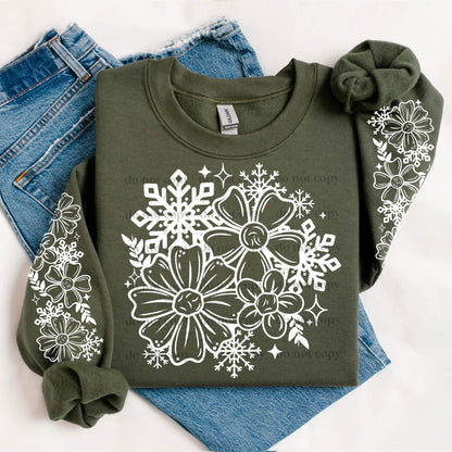 SKETCHED SNOWFLAKE FLORAL SWEATSHIRT W/ SLEEVE PRINT