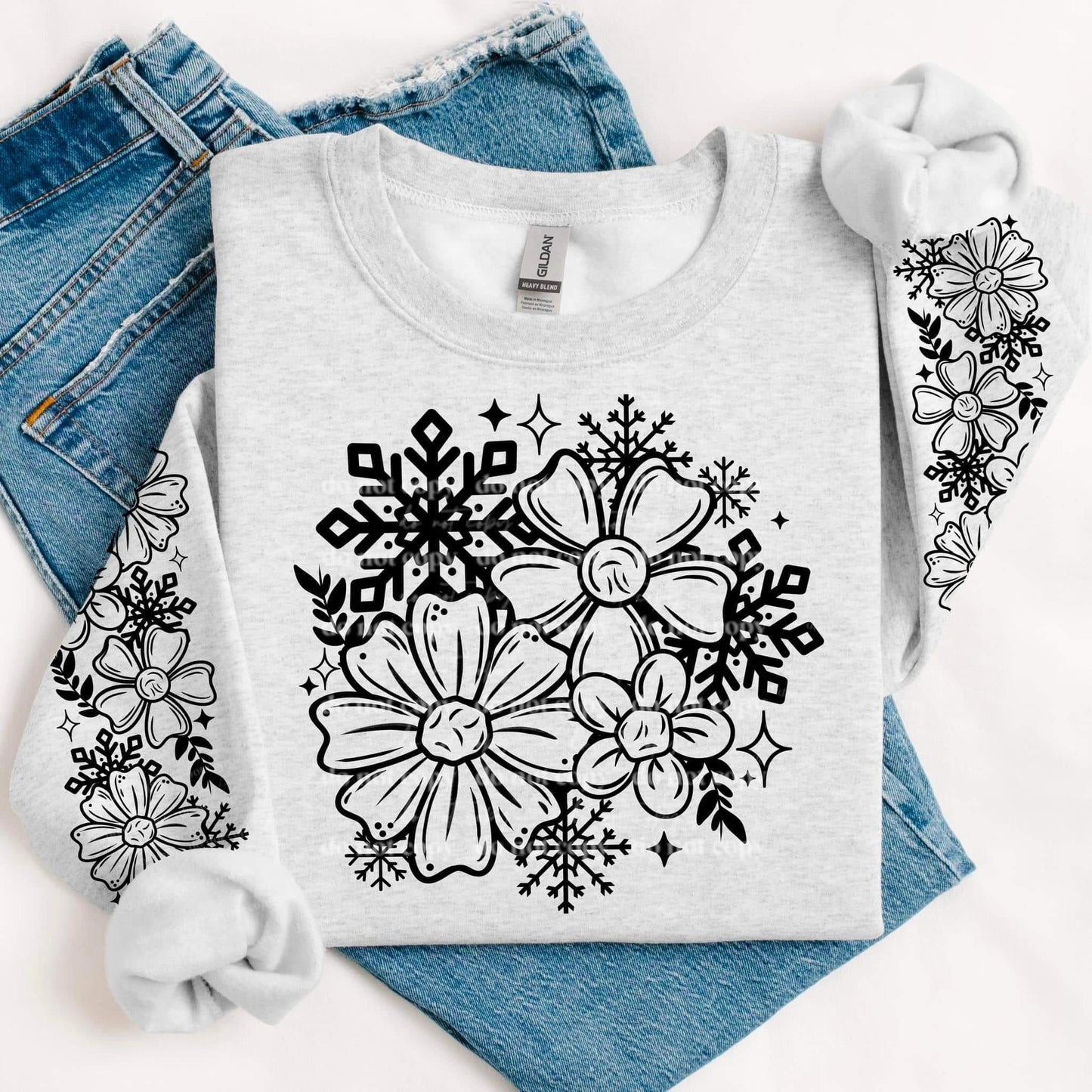 SKETCHED SNOWFLAKE FLORAL SWEATSHIRT W/ SLEEVE PRINT