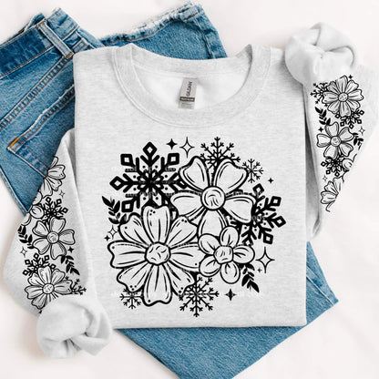 SKETCHED SNOWFLAKE FLORAL SWEATSHIRT W/ SLEEVE PRINT