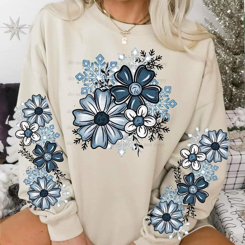 BLUE FLORAL SNOWFLAKE SWEATSHIRT W/ SLEEVE PRINT