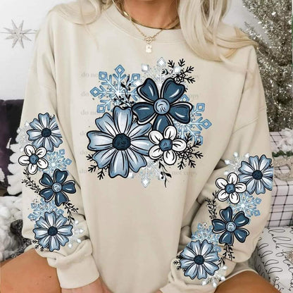 BLUE FLORAL SNOWFLAKE SWEATSHIRT W/ SLEEVE PRINT