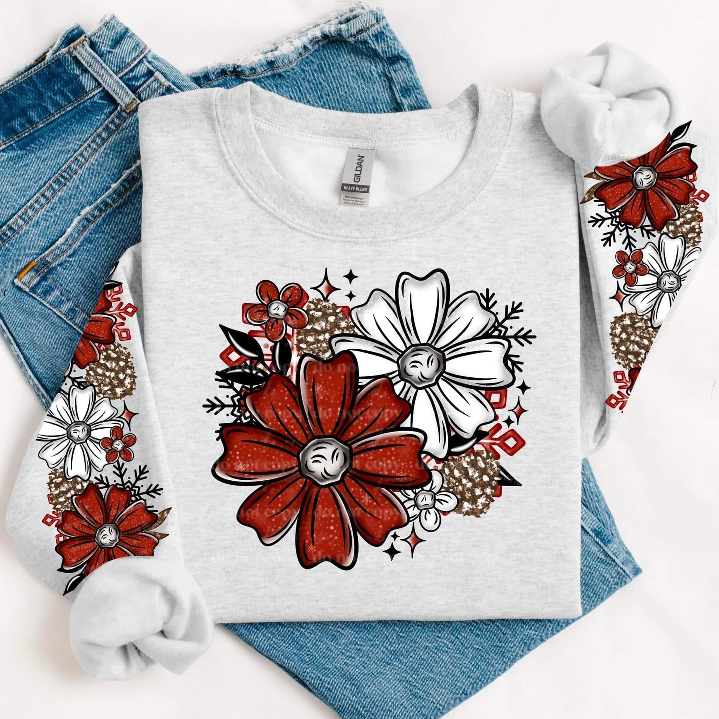 RED SNOWFLAKE FLORAL SWEATSHIRT W/ SLEEVE PRINT