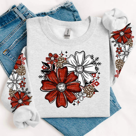 RED SNOWFLAKE FLORAL SWEATSHIRT W/ SLEEVE PRINT