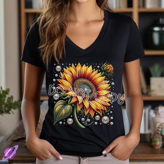 SUNSHINE SPARKLE SUNFLOWER TEE VNECK