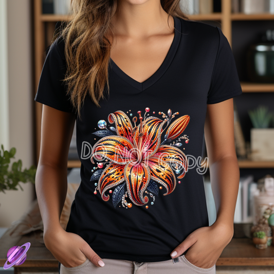 FIERY BLOOMED LILY TEE VNECK