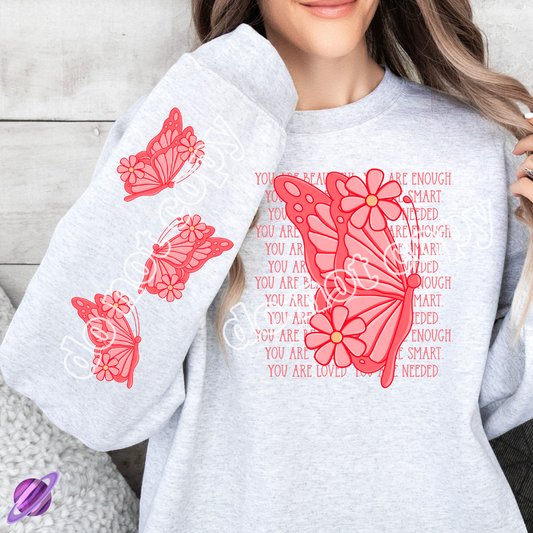 BUTTERFLY AFFIRMATIONS W/ SLEEVE PRINT CREWNECK SWEATSHIRT