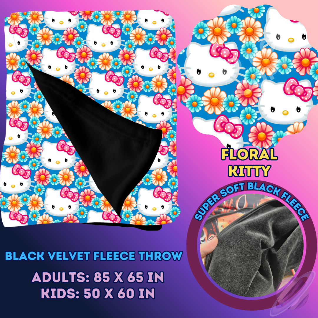 FLORAL KITTY- SOFT BLACK FLEECE THROW 13-PREORDER CLOSING 1/14