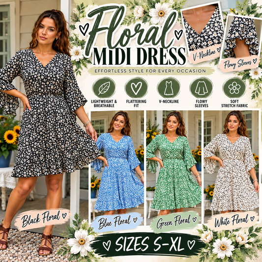 Floral Midi Dress – V-Neck Flowy Flutter Sleeve Dress