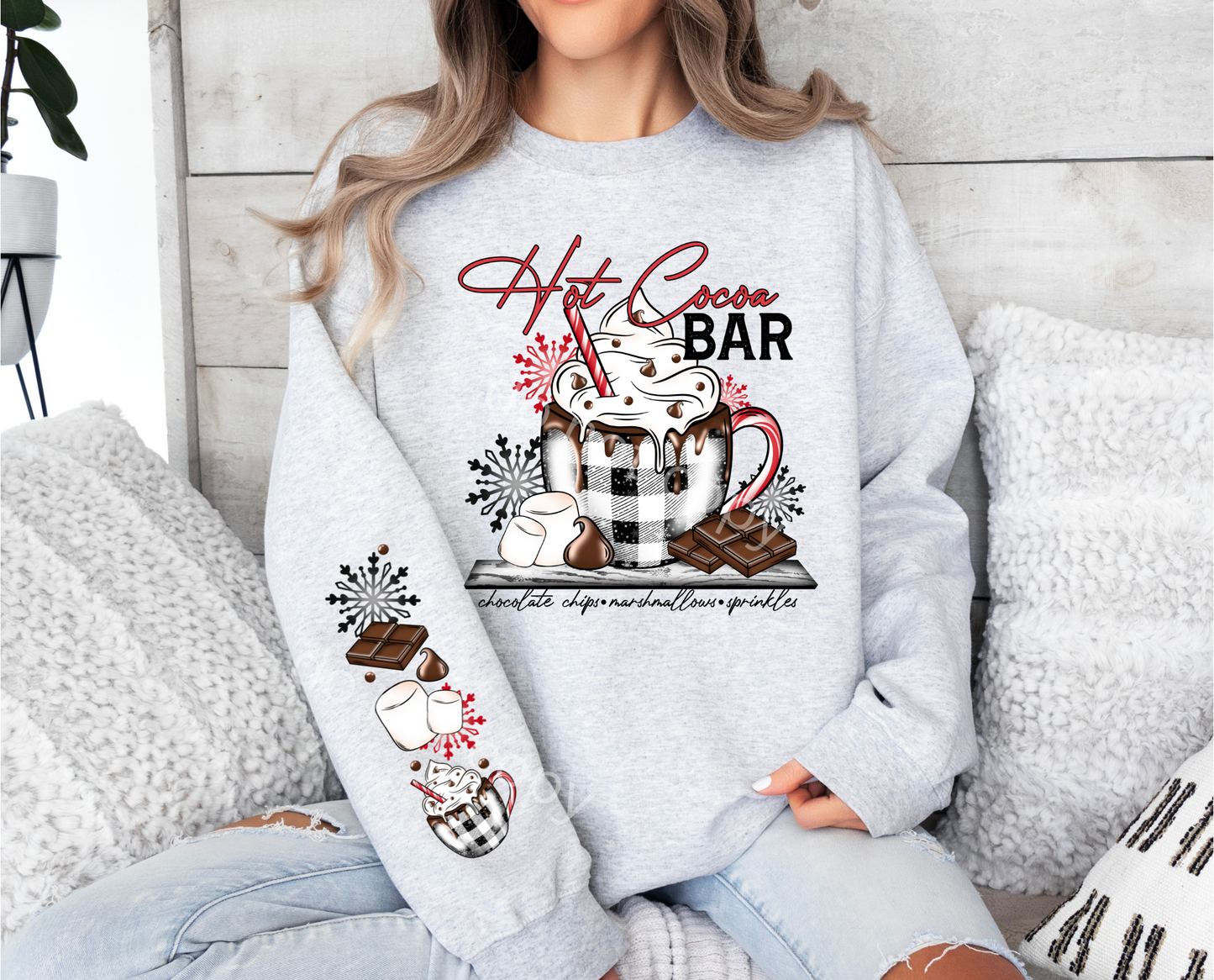 HOT COCOA BAR CREWNECK SWEATSHIRT W/ SLEEVE PRINT