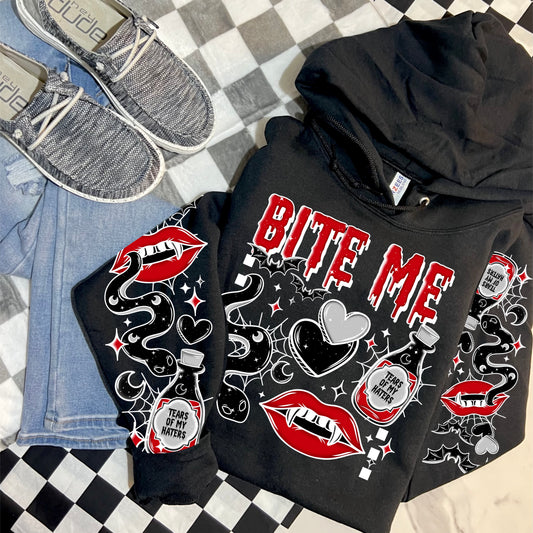 BITE ME- FRONT & DOUBLE SLEEVE DESIGN HOODIE