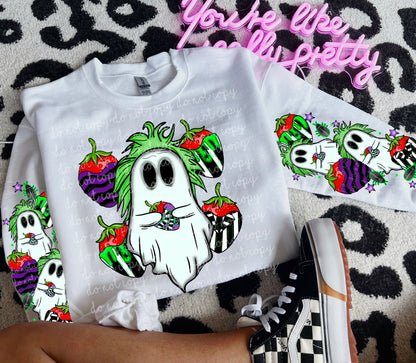 GHOST STRIPED BERRY - FRONT & DOUBLE SLEEVE DESIGN CREWNECK SWEATSHIRT