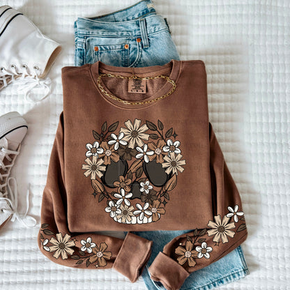 FLORAL SKULL SWEATSHIRT W/ SLEEVE PRINT