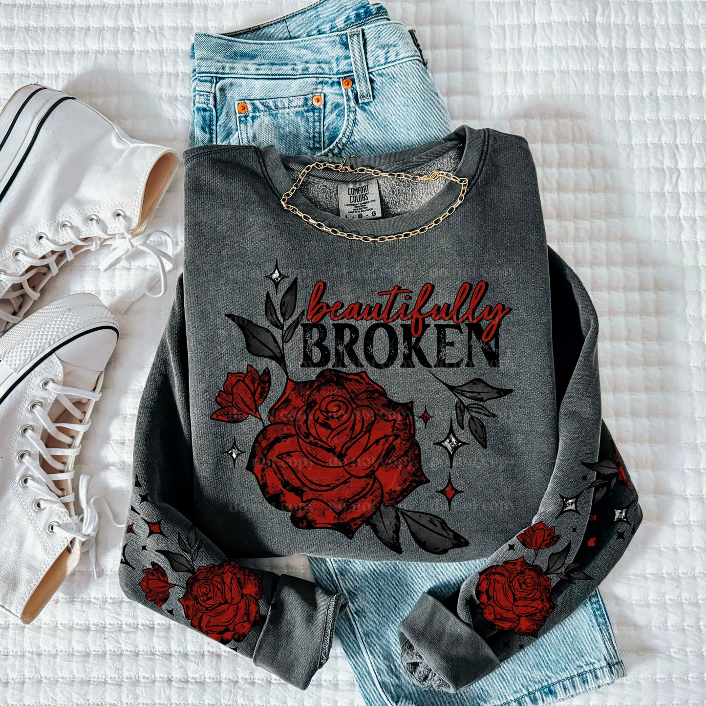 BEAUTIFULLY BROKEN ROSE SWEATSHIRT W/ SLEEVE PRINT