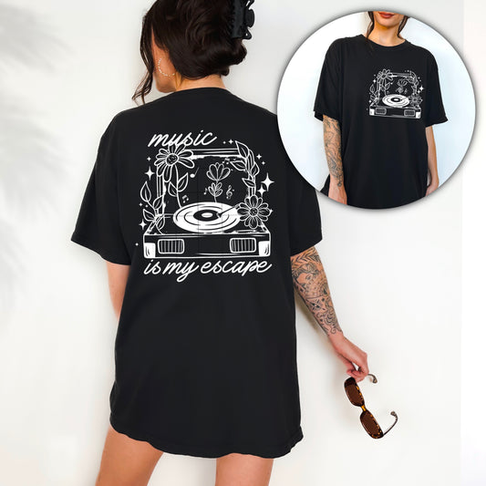 MUSIC IS MY ESCAPE - POCKET PRINT DOUBLE SIDED TEE