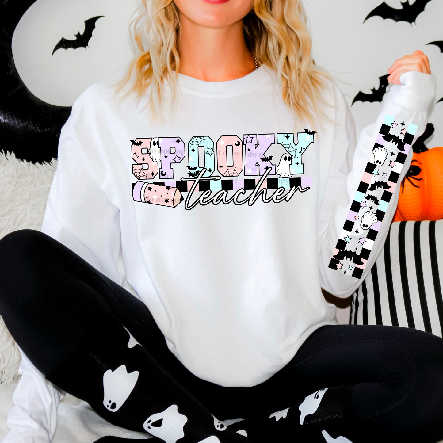 SPOOKY TEACHER- FRONT & DOUBLE SLEEVE DESIGN CREWNECK SWEATSHIRT