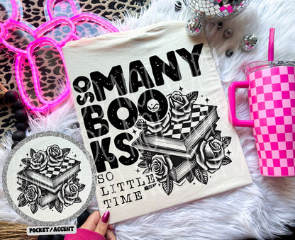 SO MANY BOOKS- POCKET PRINT DOUBLE SIDED TEE
