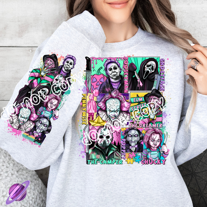 HORROR NICK NAMES CREWNECK SWEATSHIRT W/ SLEEVE PRINT