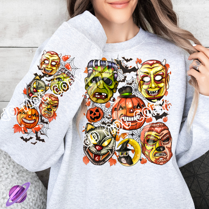 HALLOWEEN MASKS CREWNECK SWEATSHIRT W/ SLEEVE PRINT