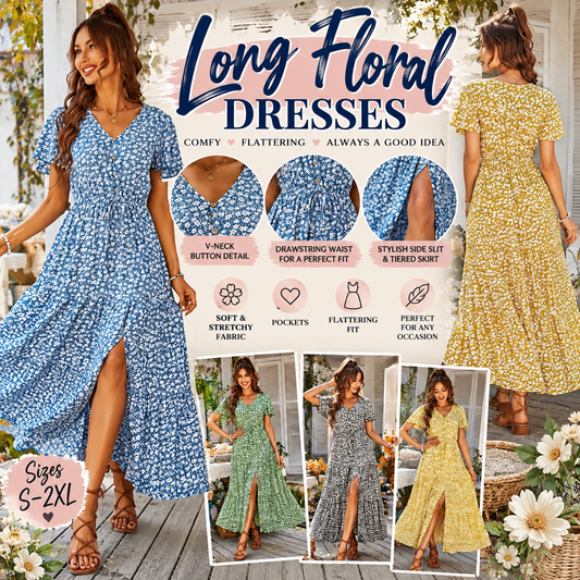 Long Floral Maxi Dress – Flowy V-Neck Dress with Side Slit