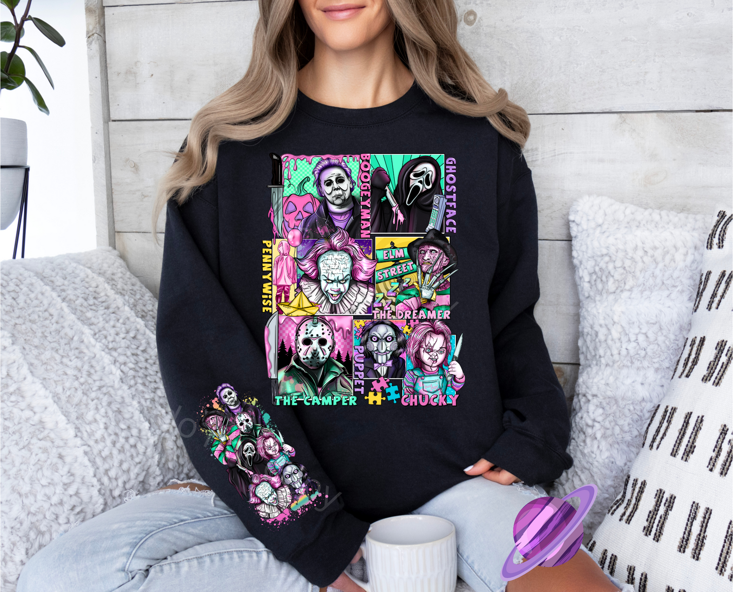 NEON HORROR CREWNECK SWEATSHIRT W/ SLEEVE PRINT