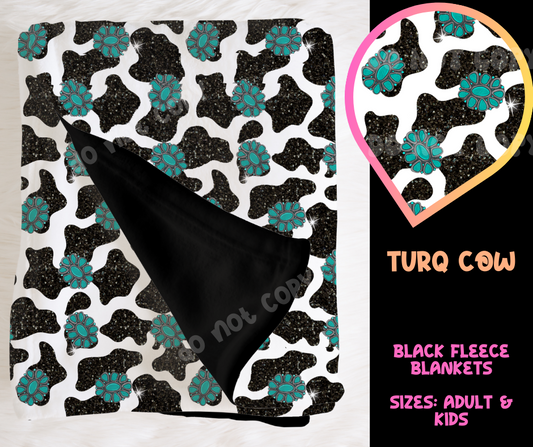 TURQ COW - SOFT BLACK FLEECE THROW BLANKETS RUN 4- PREORDER CLOSING 4/9