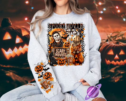 SPOOKY HORROR MOVIE SEASON CREWNECK SWEATSHIRT W/ SLEEVE PRINT