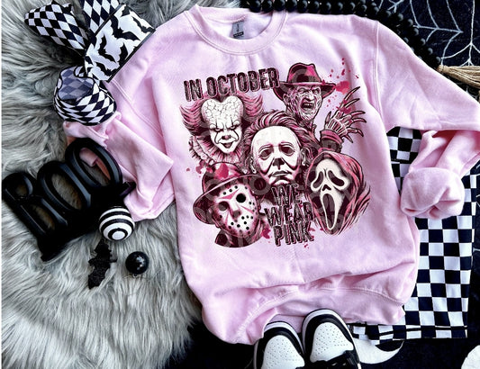 IN OCT WE WEAR PINK HORROR - LT PINK CREW NECK SWEATSHIRT