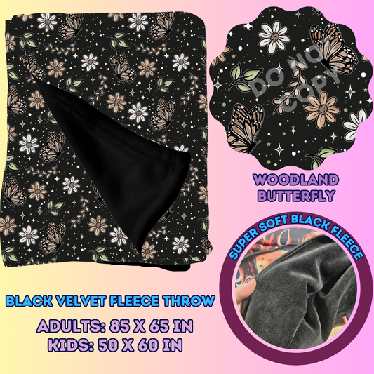 WOODLAND BUTTERFLY - SOFT BLACK FLEECE THROWS 7 - PREORDER CLOSING 1/13