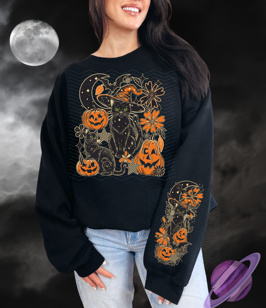 BLACK CAT-CREWNECK SWEATSHIRT W/ SLEEVE PRINT