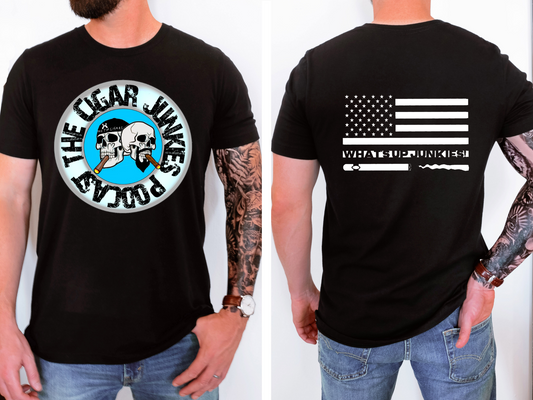 THE CIGAR JUNKIES PODCAST SKULL COLOR HEADS DOUBLE SIDED TEE