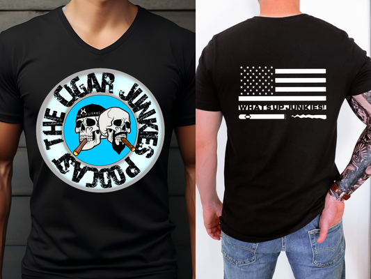 THE CIGAR JUNKIES PODCAST COLOR SKULL HEADS DOUBLE SIDED V NECK TEE