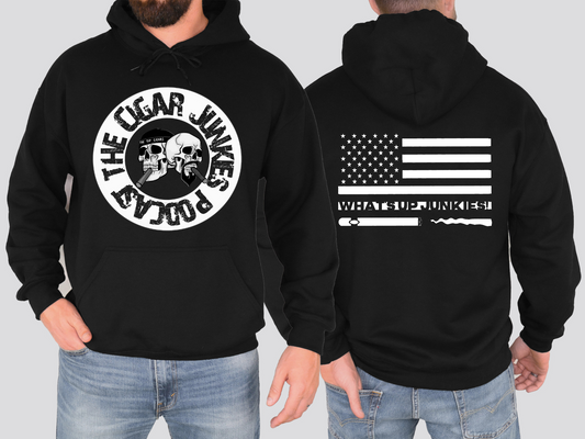 THE CIGAR JUNKIES PODCAST BW SKULL DOUBLE SIDED HOODIE