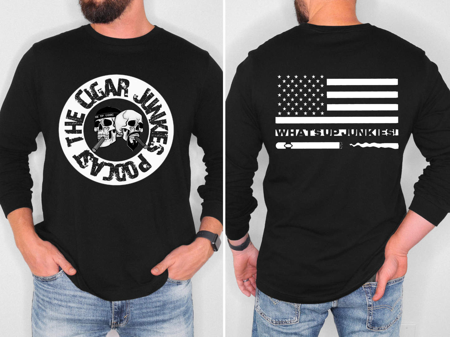 THE CIGAR JUNKIES PODCAST BW SKULL DOUBLE SIDED LONG SLEEVE TEE