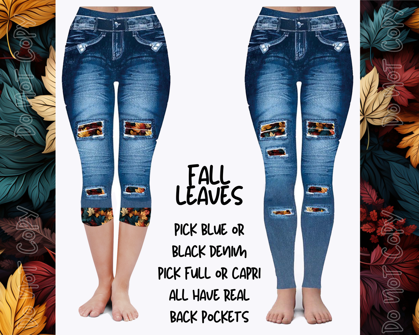 FALL LEAVES - DENIM RUN W/ BACK POCKETS - LEGGINGS/CAPRI