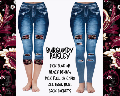 BURGUNDY PAISLEY - DENIM RUN W/ BACK POCKETS - LEGGINGS/CAPRI