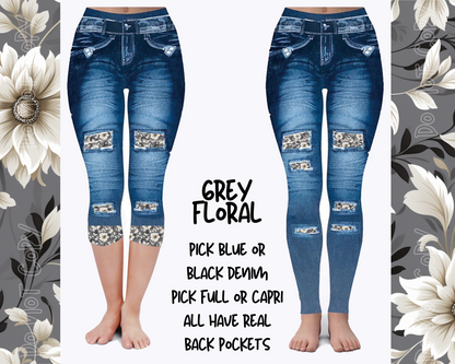 GREY FLORAL - DENIM RUN W/ BACK POCKETS - LEGGINGS/CAPRI