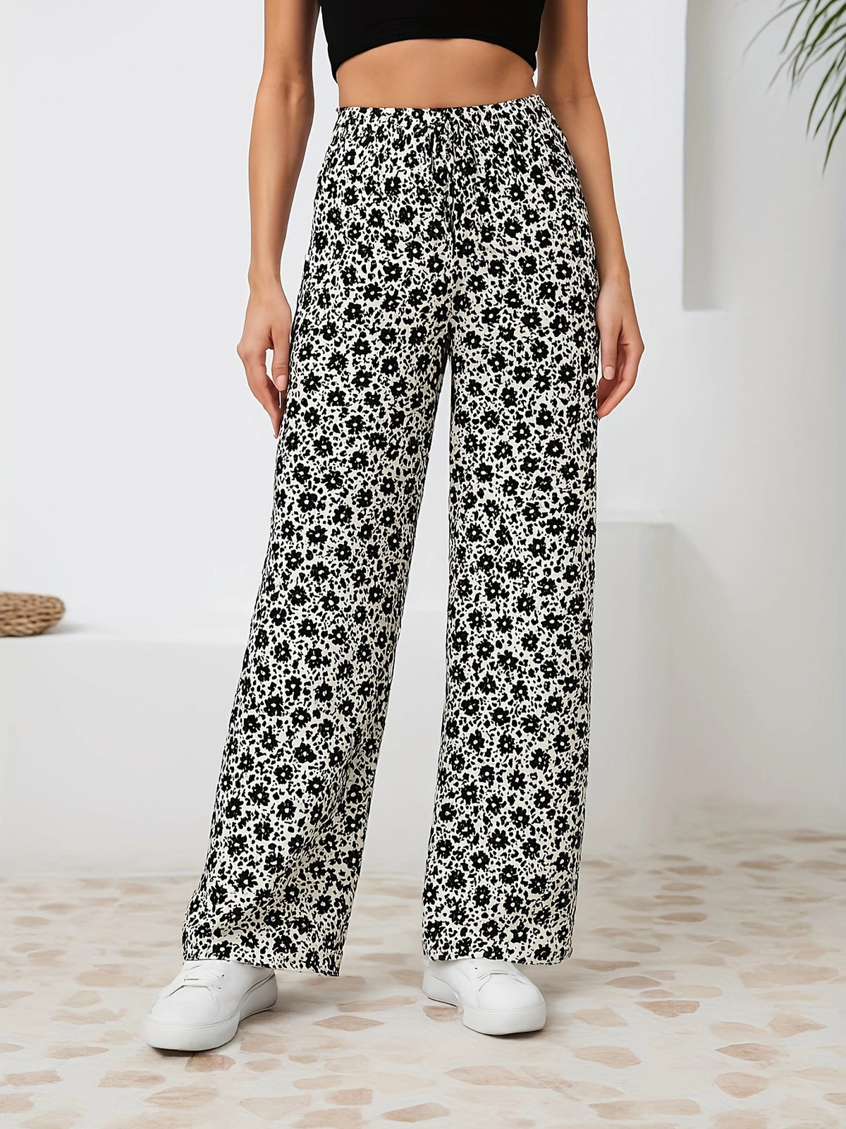 Floral Straight-Leg Pants – High-Waisted Flowy Wide-Leg Pants