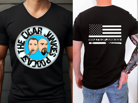 THE CIGAR JUNKIES PODCAST COLOR HEADS DOUBLE SIDED V NECK TEE