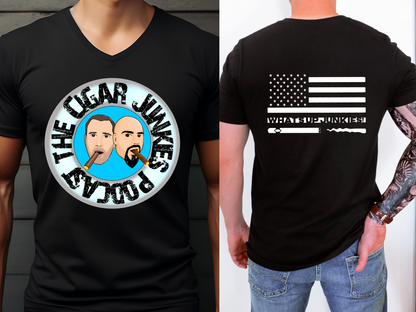 THE CIGAR JUNKIES PODCAST COLOR HEADS DOUBLE SIDED V NECK TEE